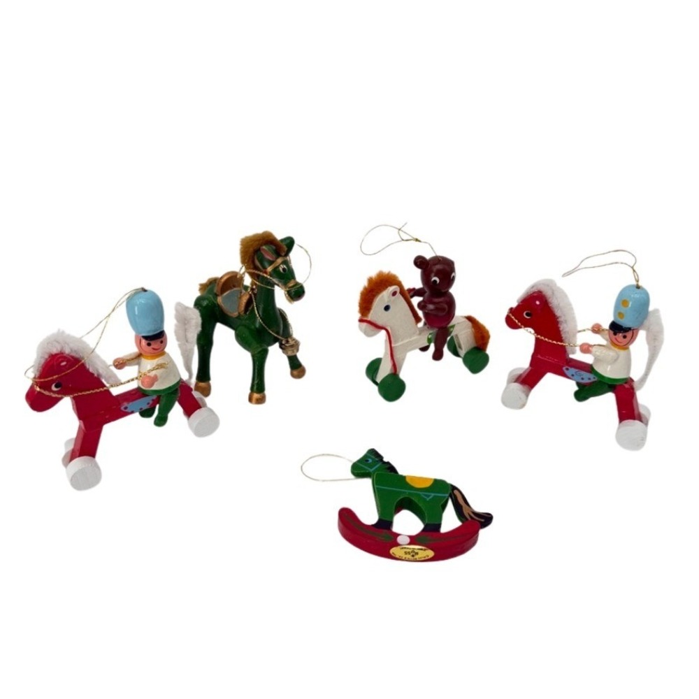 Wooden Horse Christmas Holiday Ornaments Set 5 Multicolor VTG Russ Mixed LOT